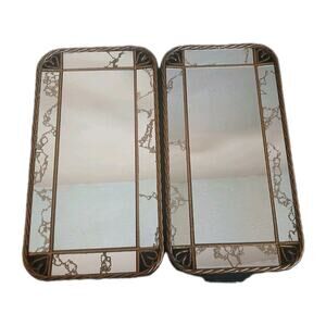 Vintage Gilded Twisted Metal Mirror Trays Or Accent Mirrors - A Pair of 2 Brass
